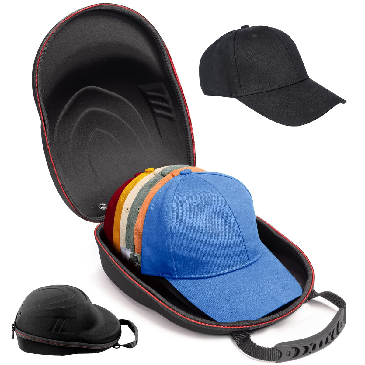 Glamgen Hard Hat Case for Baseball Caps,Hat Carrier Travel Case with 1 Pack Black Baseball Cap and Adjustable Shoulder Strap, Hat Organizer Holder Bag for 6 Baseball Caps for Women and Men - Black
