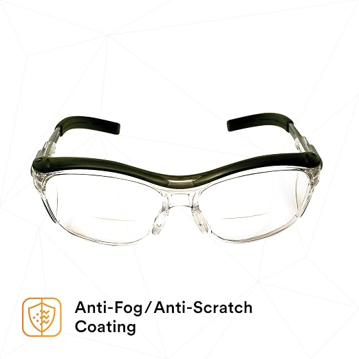 3M Safety Glasses with Readers, Nuvo Readers, +2.0 Diopter, Pack of 1, ANSI Z87, Clear Lens, Gray Frame, Soft Nose Bridge, Side Shields
