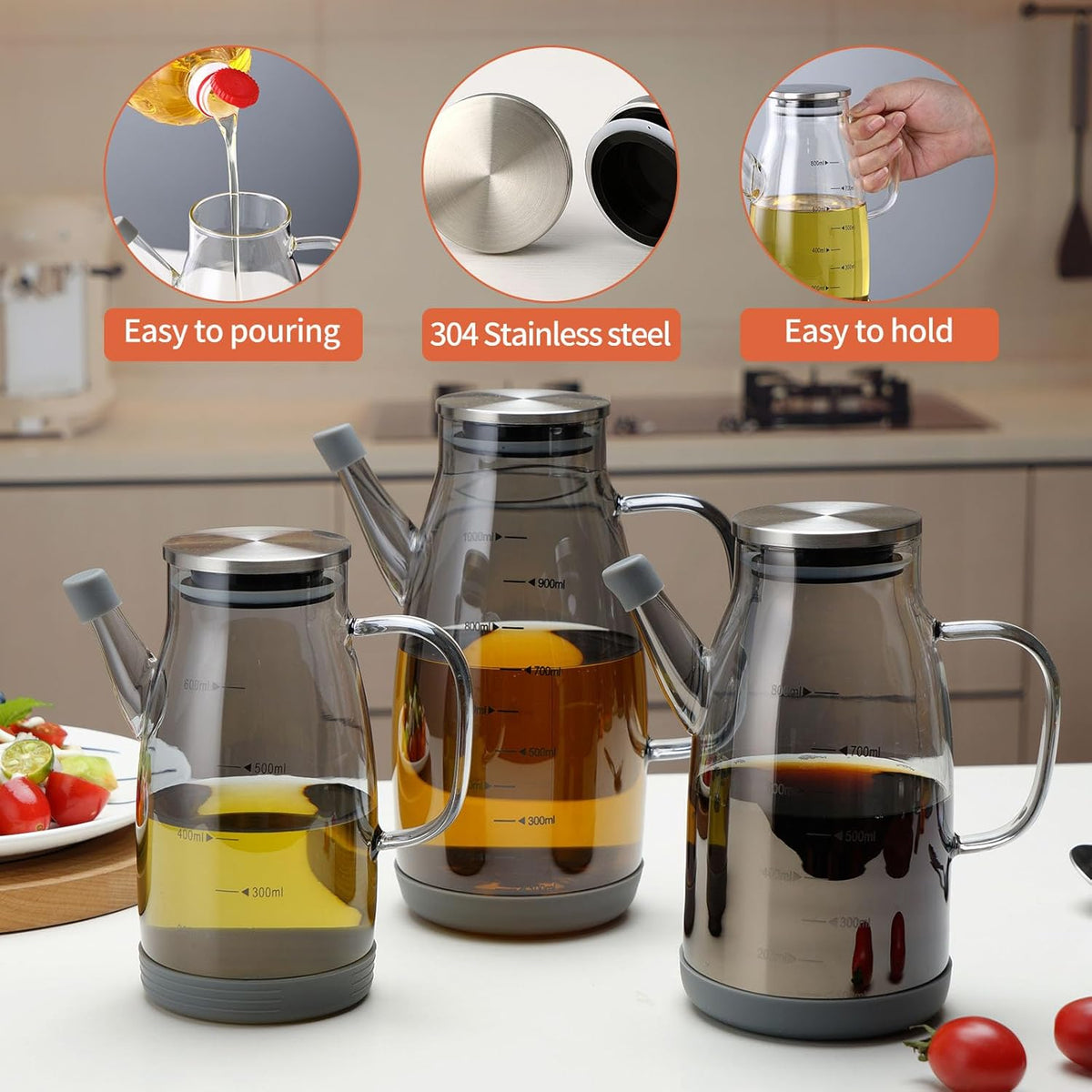 Large Glass Oil Dispenser Bottle for Kitchen Cooking Recipiente Para Aceite De Cocina Olive Oil Vinegar Dispenser Cruet Stainless Steel Lid No Drip Liquid Container (Grey, 27oz / 800ml)
