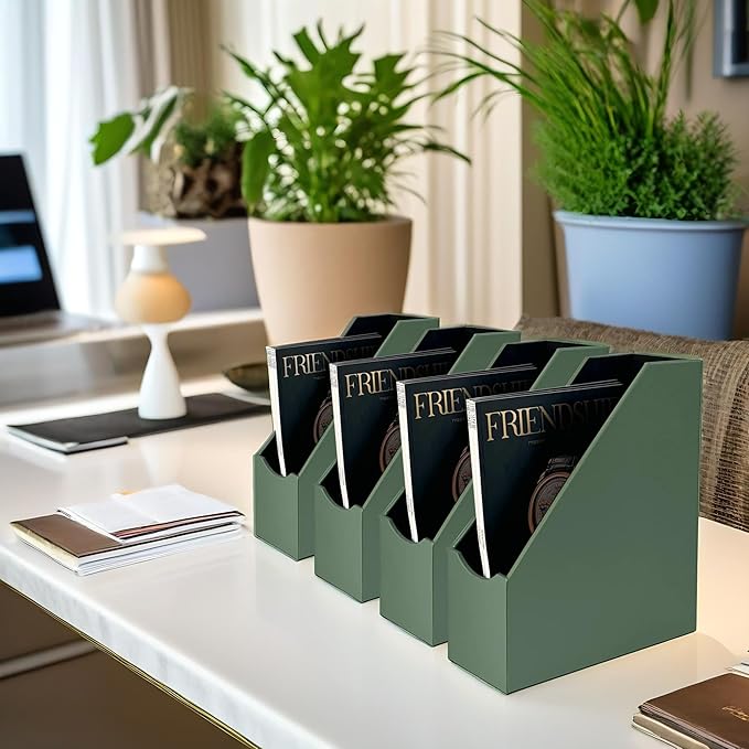 UnionBasic Magazine File Holder, Leatherette Desktop Document Organizer, Home Office Paper Holder File Storage Literature Sorter, Malachite Green, Set of 4
