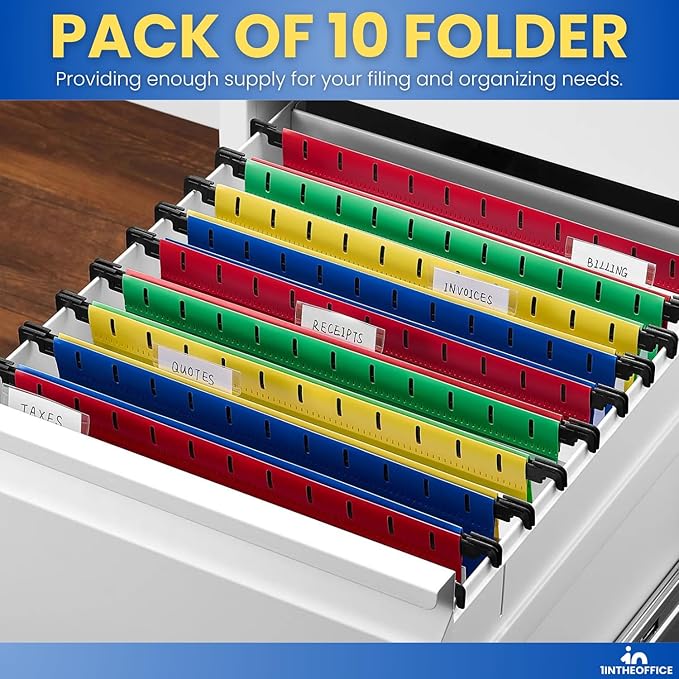 1InTheOffice Hanging File Folder, Hanging File Pocket, Expandable Hanging File Folder, Letter Size, Assorted Color, 10 Pack (10)