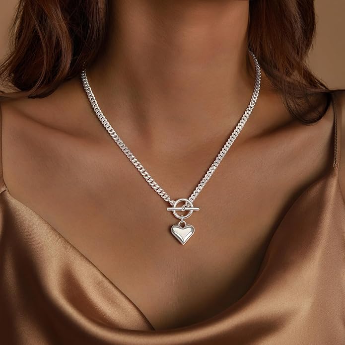 Heart Necklace for Women Gold/Silver Plated Trendy Heart Choker Lover Pendant Hypoallergenic Fashion Gold/Silver Necklace for Women Love Jewelry Gift for Women Girlfriend