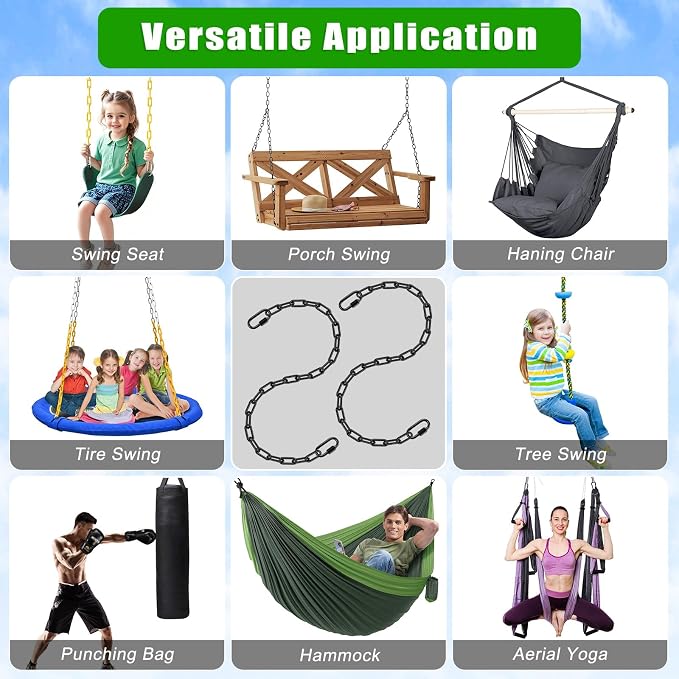 BeneLabel 2Pcs 65" Swing Chain Heavy Duty 1000 LBs Capacity Hanging Chains Porch Swing Chains and Hooks Black Coated Chain for Hammock Chairs, Hanging Chair, Punching Bags, for Indoor and Outdoor