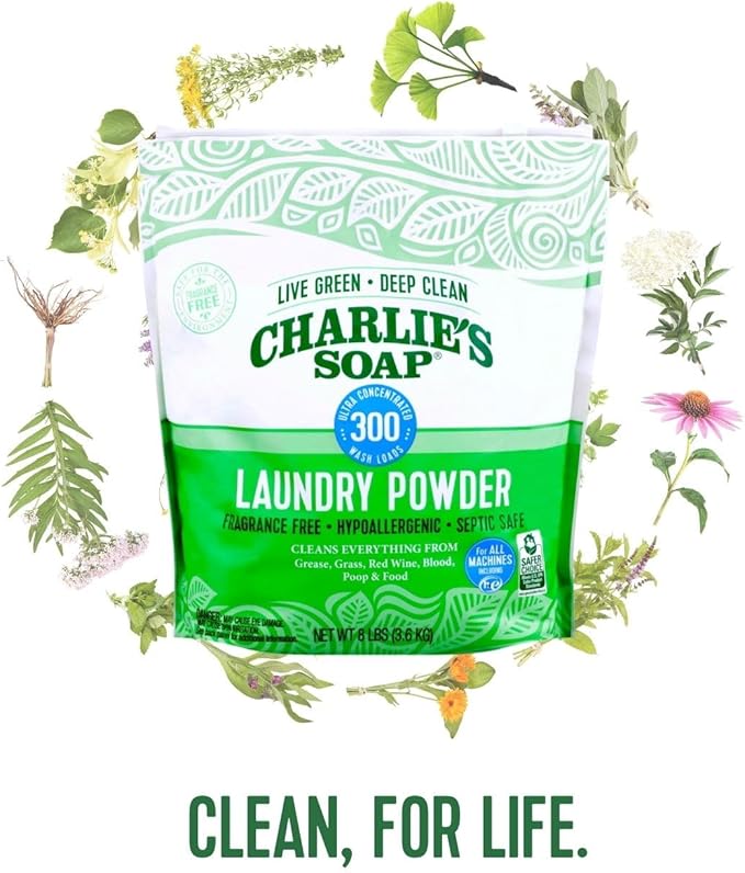 Charlie’s Soap Hypoallergenic Laundry Detergent Powder Baby Gentle 8lb Bag Fragrance Free Plant Based Deep Cleaning – Biodegradable Eco Friendly Sustainable