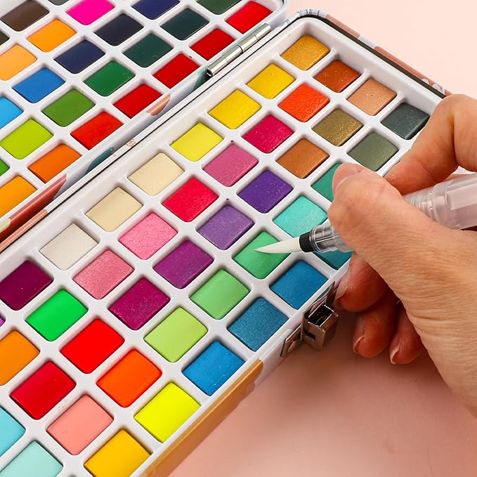 Grabie 100 Colors Watercolor Paint Set - 50 Regular, 35 Metallic, 10 Macaron and 5 Fluorescent Colors - Portable with Carrying Case, Water Brush Pens, and Accessories - For Beginners and Professionals