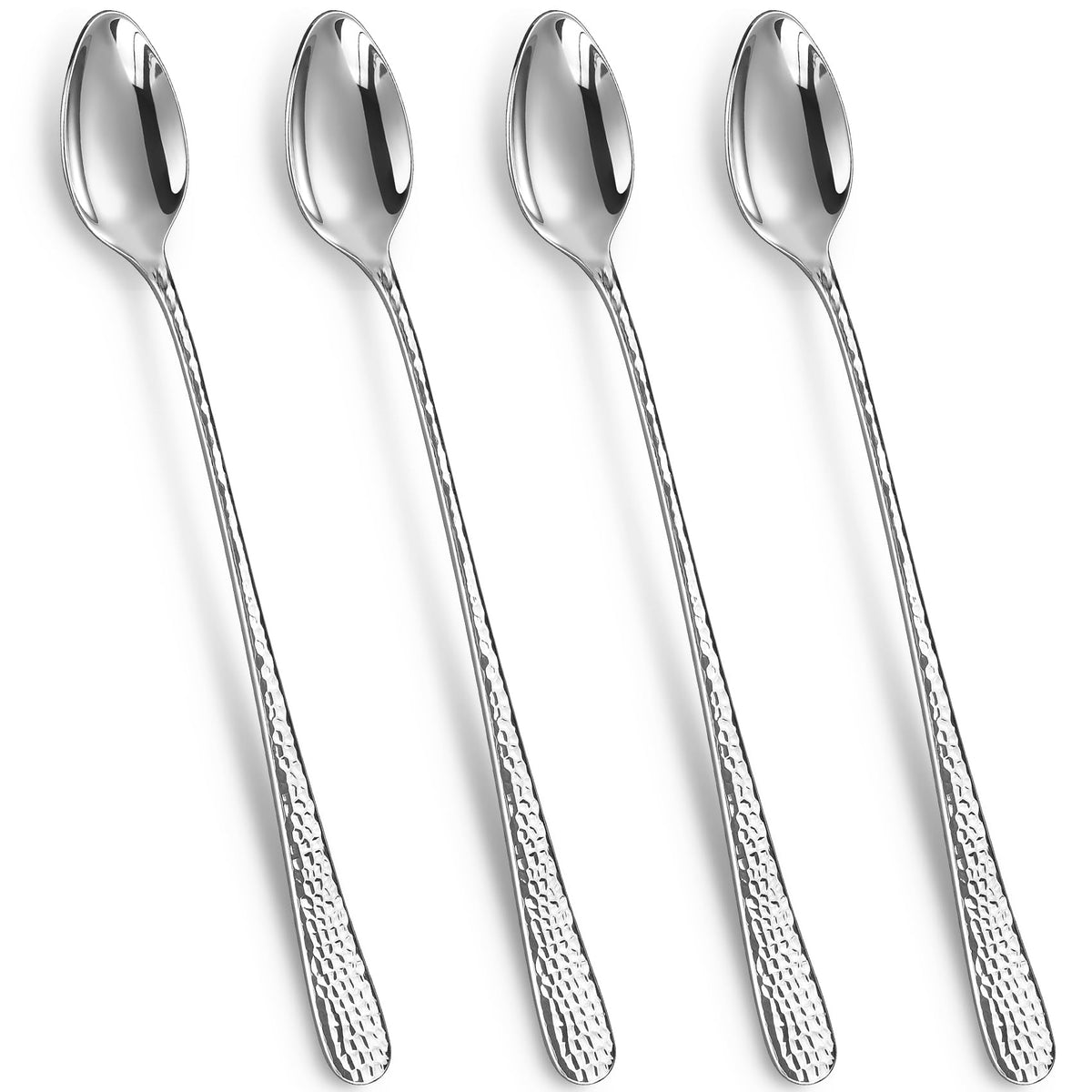KEAWELL Premium Louise Hammered Long Handle Iced Tea Spoons: 4-Piece/8-Piece Set, 18/10 Stainless Steel, Teaspoons, Coffee Spoons, Brightly Mirror-Polished, Dishwasher Safe (4, 9 inches)