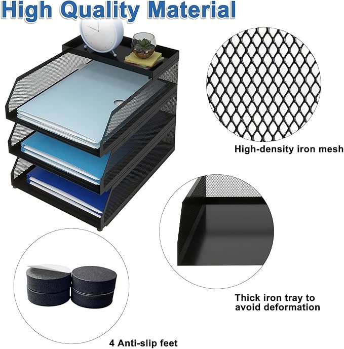 Natwind 3-Tier Stackable Paper Tray, Metal Mesh Desktop Organizer, Paper Sorter, Letter Trays,File Document Storage Rack for for Home, Office, School (Black)