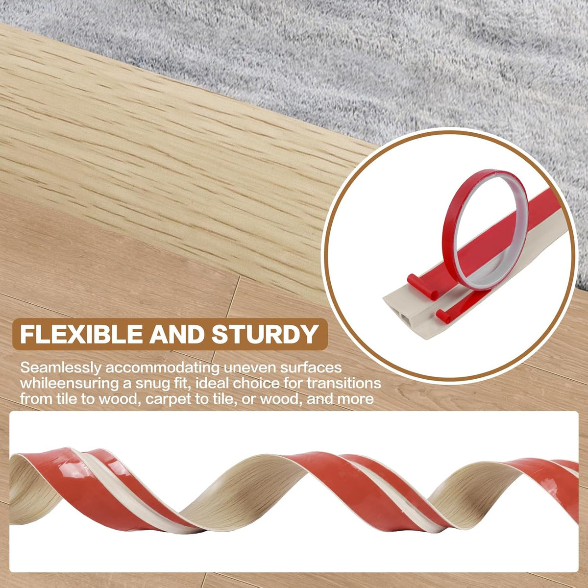 Floor Transition Strip Vinyl Door Threshold Ramp Self Adhesive Carpet Edging Strip Doorway Edge Trim, Overlap Edge Reducer for Laminate Carpet, Floor, Tile (Yellow Wood, 3/5" to 4/5", 6.6Ft)