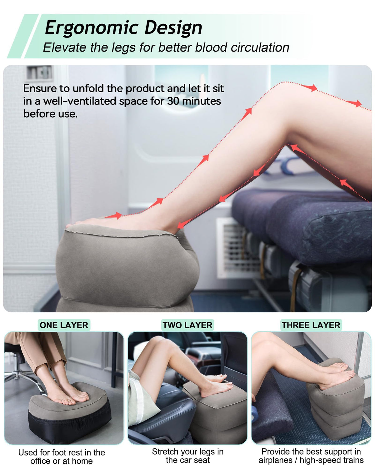 JefDiee Inflatable Foot Rest Pillow, Kids Airplane Bed, Adjustable 3 Layers Height Leg Rest Pillow, Airplane Travel Essentials Great for Office, Home, Trains, Cars