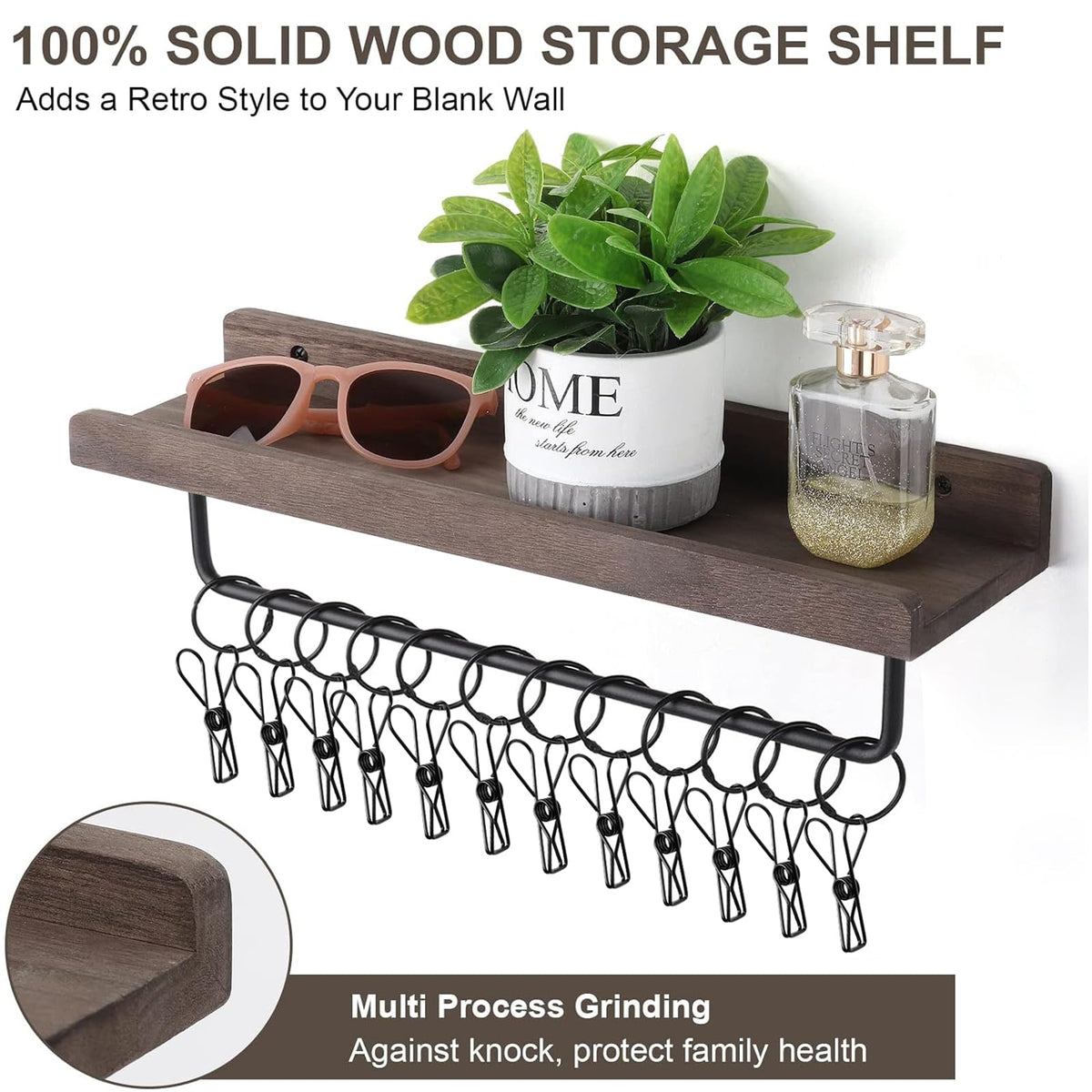 HYDERMUS Hat Rack for Wall with Shelf for 24 Baseball Caps Metal Hat Organizer with 12 Clips and 12 Hook Hat Holder Wall Mounted for Baseball Caps Trucker Hat and Others Hat Weathered Walnut