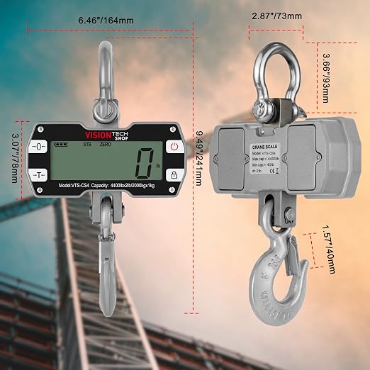 VisionTechShop Digital Crane Scale, VTS-CS4 4400lb/2000kg Heavy Duty Compact Hanging Industrial Scale with Remote Control, Large LCD Display, Backlight for Farm, Factory, Construction