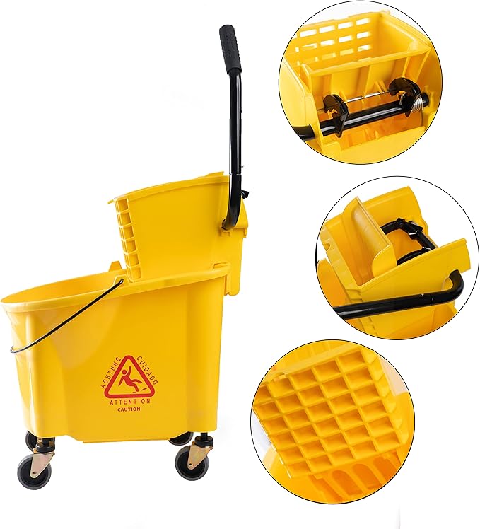 Matthew Cleaning 38 Quart Commercial Mop Bucket INCL.Wet String Mop with Side Press Wringer On Wheels,Heavy Duty Tandem Portable Floor Cleaning Wavebrake,Ideal for Household,Industrial,Restaurant