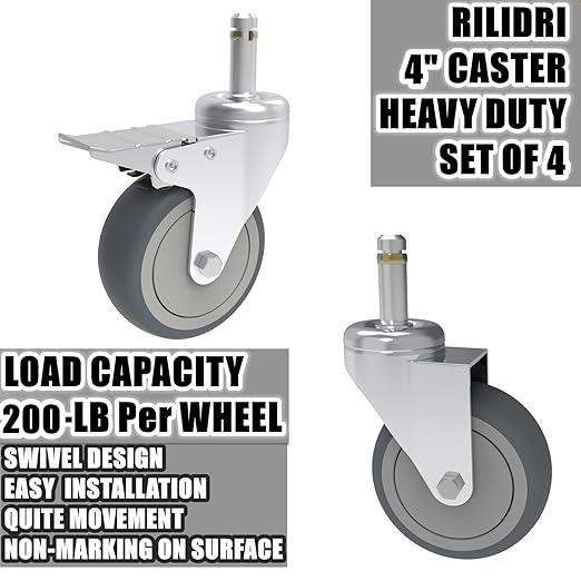 4-Inch Swivel Stem Caster, 7/16-Inch Stem Diameter Rubber Wheel, Heavy Duty TPR Replacement Wheels for Rubbermaid Mop Bucket Cart Grill Casters - 4 Pack (2 Brakes 2 Swivel)