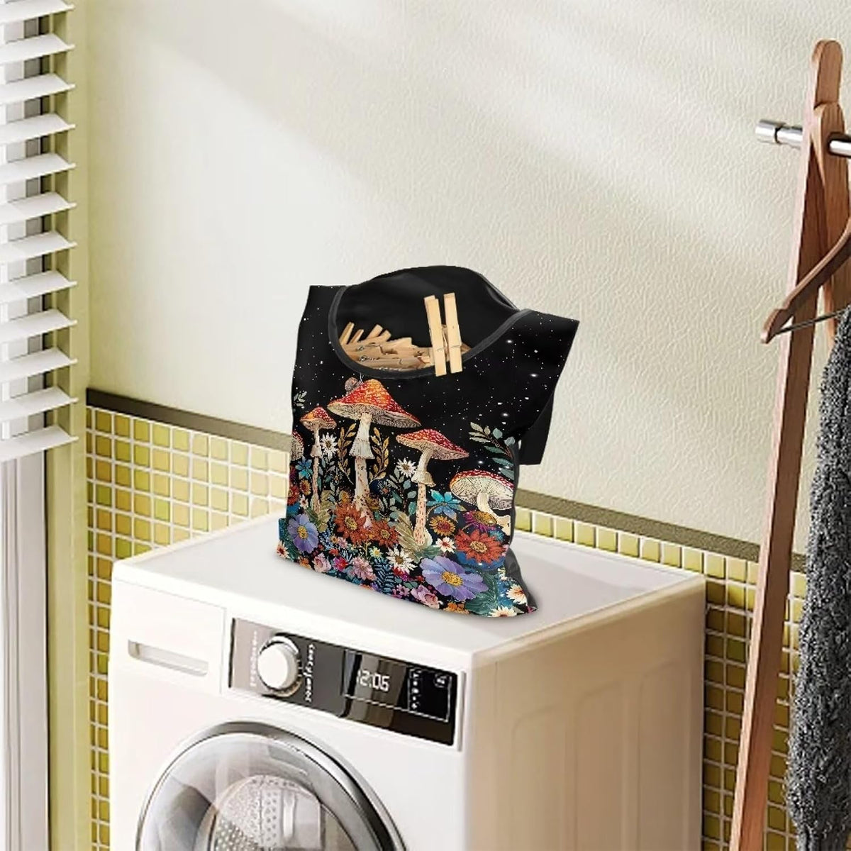 Mushroom Clothespin Storage Hanger Bags Laundry Clothespin Bag, Clothespin Bag with a Large Opening, Hanging Storage Organizer with Hanging Rope for Home Outdoor