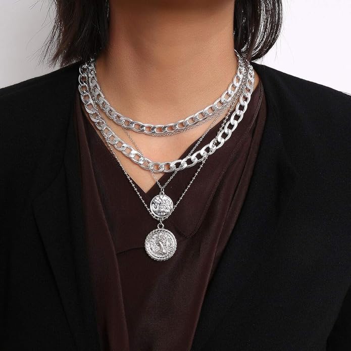 Pirate Necklace Chunky Gold Necklace for Women vintage Pirate Coin Pendant Necklace Fashion Chunky Chain Choker Necklaces Pirate Costume Women Men Jewellery