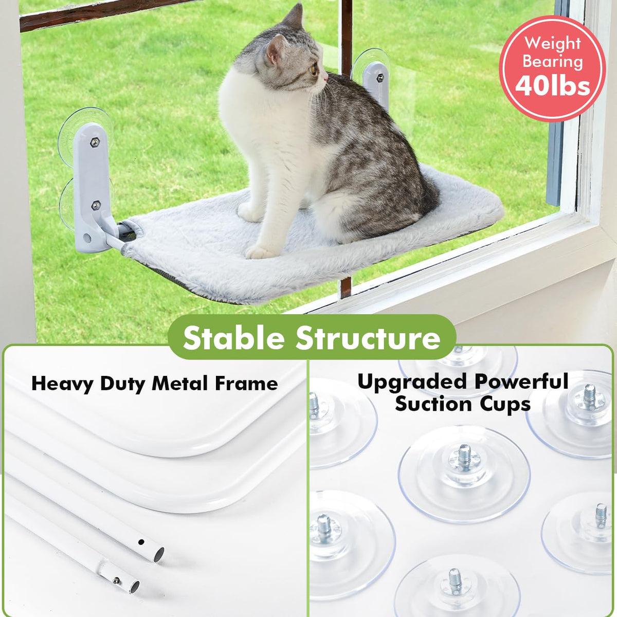 2PC Cat Window Perch Cordless Foldable Cat Hammock Bed for Window with Metal Frame and Reversible Cover, Large Suction Cups Window Resting Seat for Indoor Cats (Cat Bed, M-2PC)