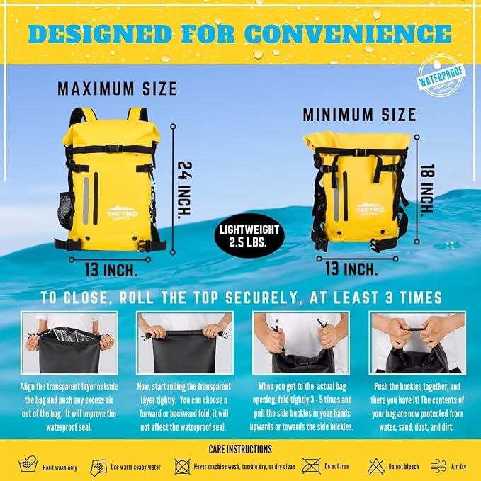 Tactiko 30L Heavy-Duty 100% Waterproof Backpack - Dry Roll-Top Floating Backpack - Rip-Stop Tarpaulin - Comfortable Padded Shoulders & Back - Waist Strap - Large Utility Pocket, Carabiner (Yellow)