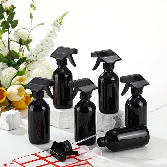 Norme 12 Pcs 8 oz Glass Spray Bottles with Funnels and Labels Refillable Cosmetic Empty Spray Bottles with Sprayer Containers for Essential Oil Cleaning Solutions(Black,Classic)