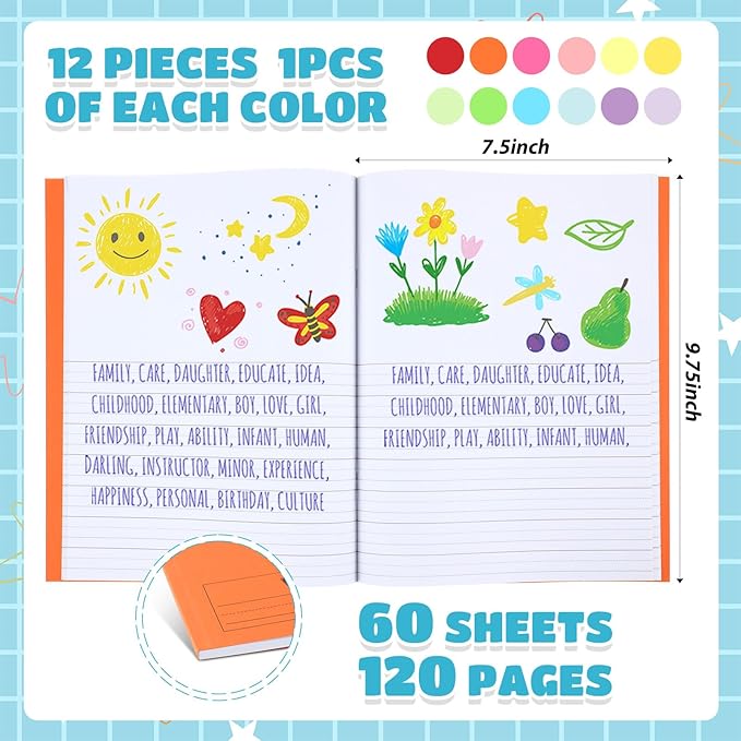 Henoyso 12 Pcs 120 Pages Primary Composition Notebooks K-2 9 3/4 x 7 1/2 Inch Journals Primary Journals Blank Books for Kids to Write Stories Kindergarten (Classic Color)