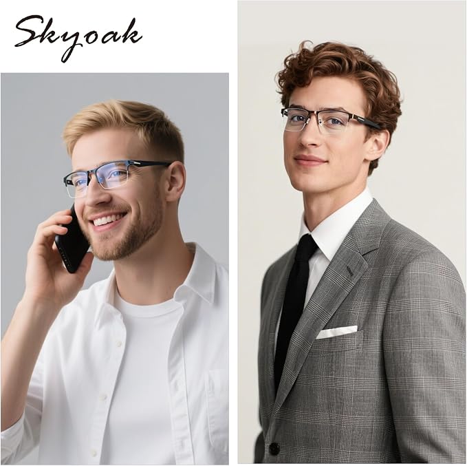 SKYOAK 2 Pack Premium Quality Progressive Multifocus Half Frame Reading Glasses for Men, No-Line Blue Light Blocking Computer Readers Multifocal Eyeglasses with TR90 Temples, Blue and Brown +3.0x