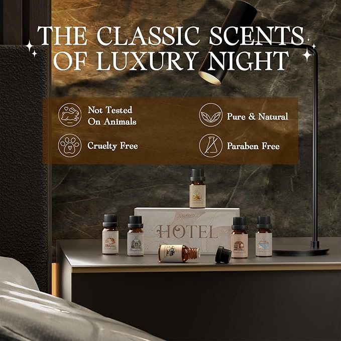 SALUBRITO Hotel Fragrance Oil Set, Luxury Essential Oil Set for Diffuser, Candle, Soap Making Scents, Luxury Night, White Tea, Lemon & Thyme, Citrus Bliss, Hotel Lobby, Jasmine & Mint, Strong Scented