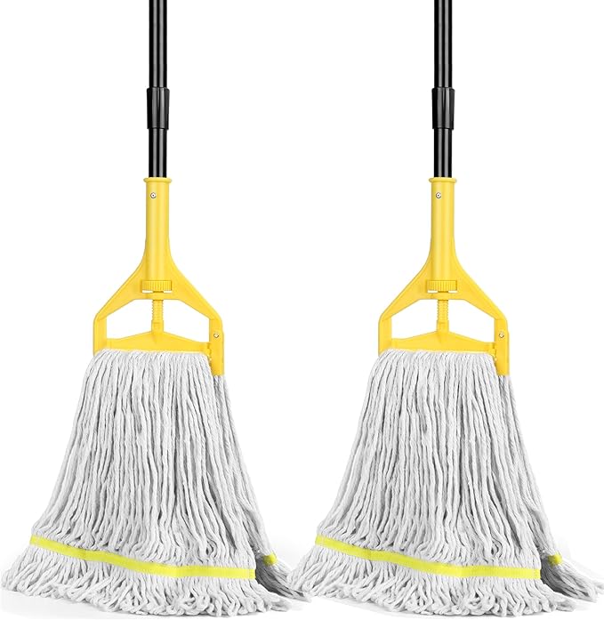 Beyoco Heavy Duty Commercial Mop Industrial Cotton Mop with Long Handle,Looped-End String Wet Mops for Home,Garage,Office, Workshop, Warehouse Floor Cleaning, 2 Pack,Yellow
