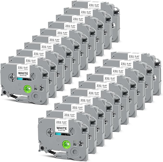 20-Pack Tze Tz Tape 12mm 0.47" Laminated White Compatible for Brother Tze-231 Label Maker Tape P Touch Label Tape 12mm 1/2" White for PT-D220 PT-D210 PT-D200 PT-2430 PT-D610BT PT-D400 PTD600