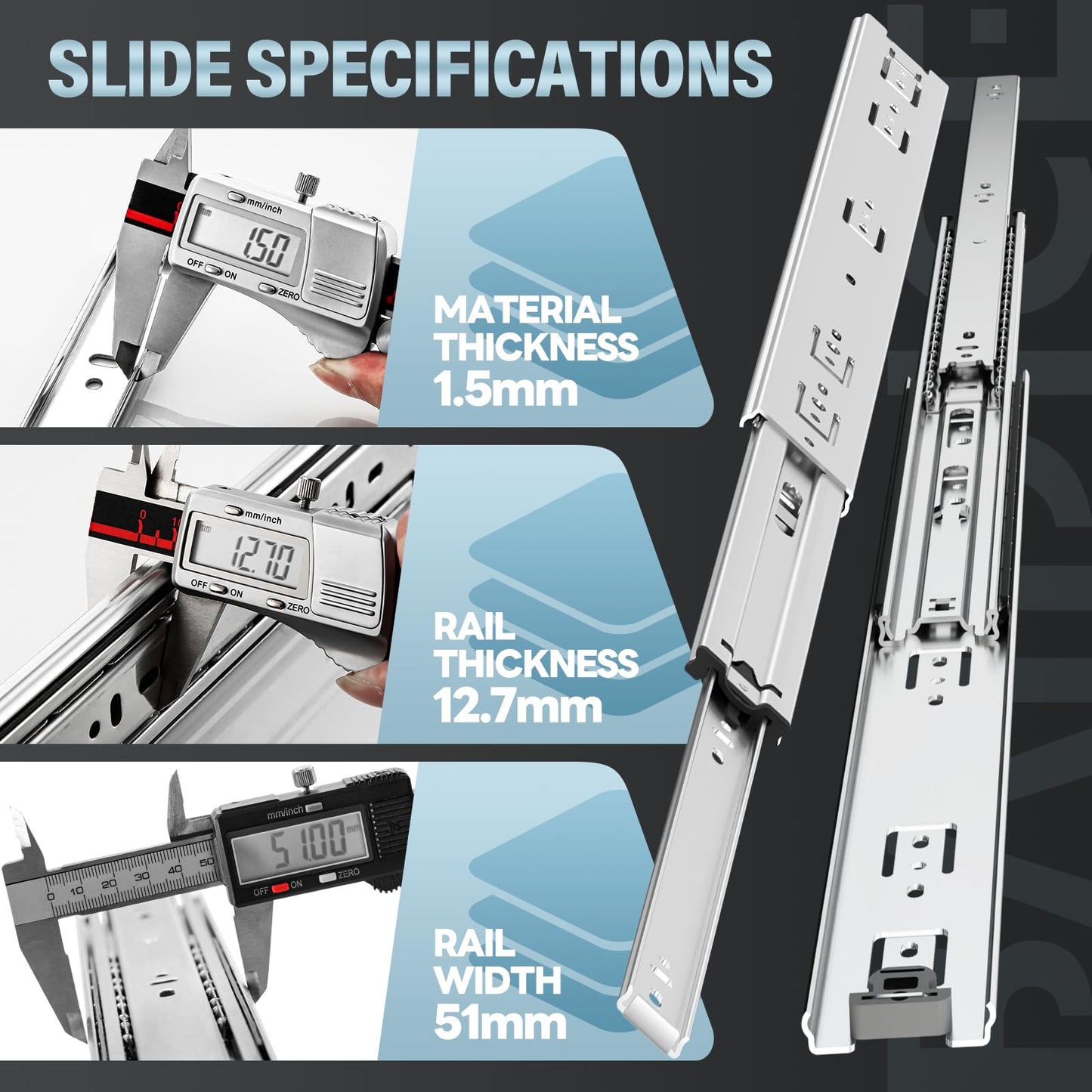 BAIDICE 1 Pair Heavy Duty Drawer Slides 12 14 16 18 20 22 24 26 28 30 32 34 36 38 40 Inch 150 lb Load Capacity Side Mount Full Extension Ball Bearing Rail Runner（Without Lock,16 inch）