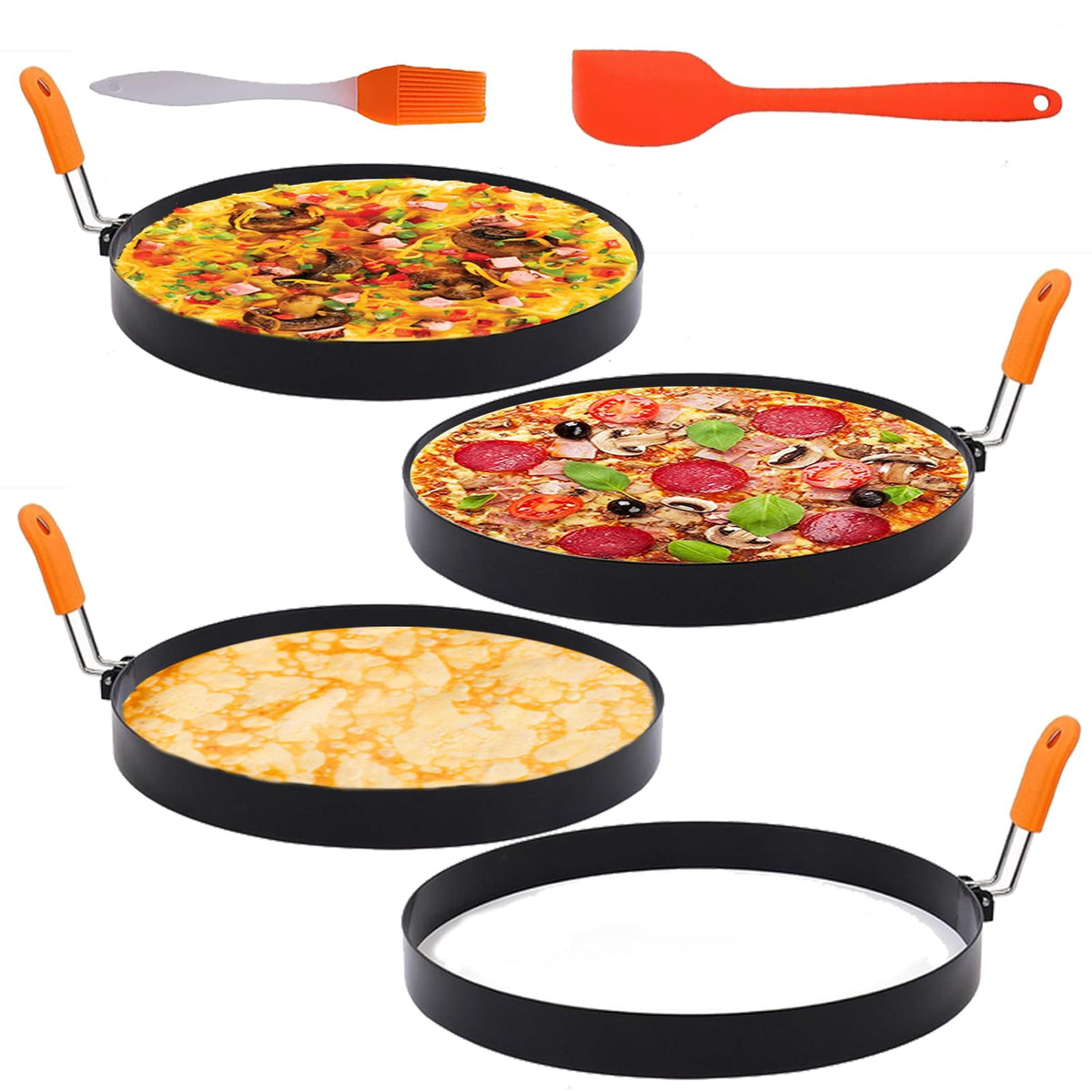4 Packs Large 8 Inch Omelette Ring for Griddle, Non-Stick Stainless Steel 8" Griddle Omelet Rings,Large Omelet Mold Pancake Ring Mold Crumpet Circle Silicone Handle with Spatula and Oil Brush