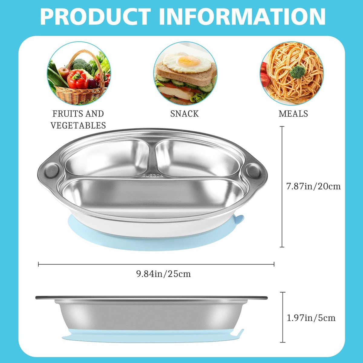 Mrs. Chou® BPA-Free 100% Food-Grade Stainless Steel Baby Plates with Suction Divided Designed for Babies and Toddlers, Ideal for Kids Infant Baby-Led Weaning Toddler Feeding Supplies Dishwasher Safe