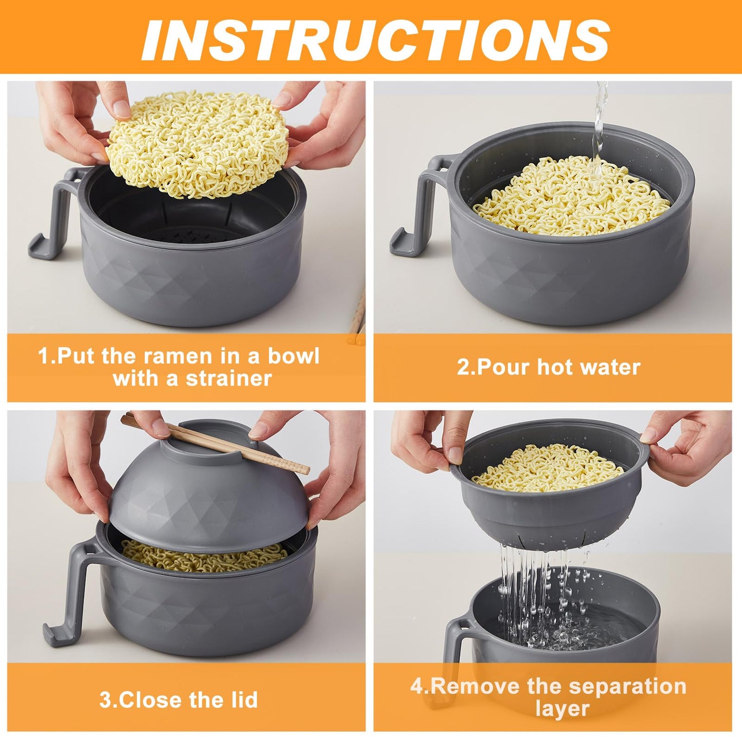 1 Set Microwave Ramen Cooker 40oz Wheat Straw Microwave Noodle Bowl Set with Chopsticks, Spoon, Fork, College Dorm Office Apartment Essentials (Gray)
