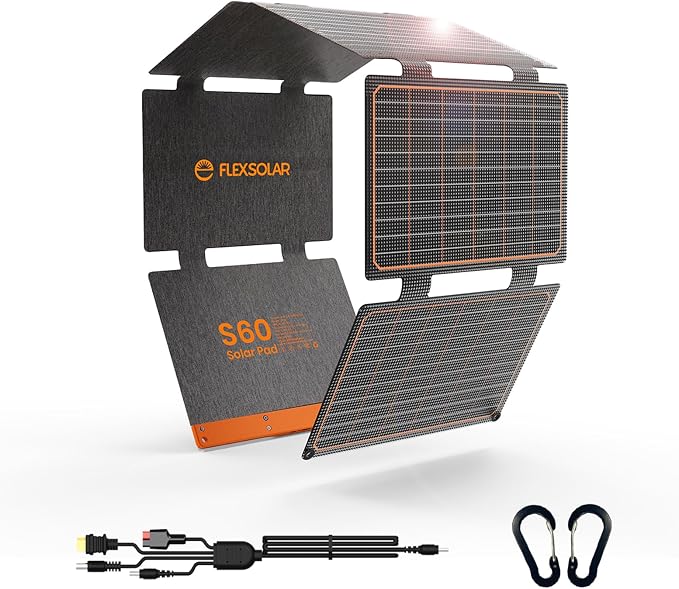 FlexSolar 60W Foldable Solar Panel, Portable Solar Charger with USB-C/USB-A QC3.0/DC 20-28V Port, IP67 Waterproof Solar Panel for RV Camping Backpacking Compatible with Phone Small Power Station
