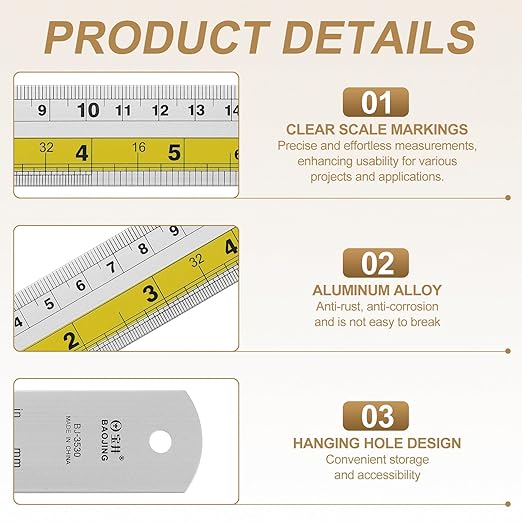 HARFINGTON 6pcs Metal Straight Ruler 15cm Metric SAE Aluminum Alloy Measuring Rulers Scale Tool with Hole for Measure Study Reading Classroom Office, Yellow