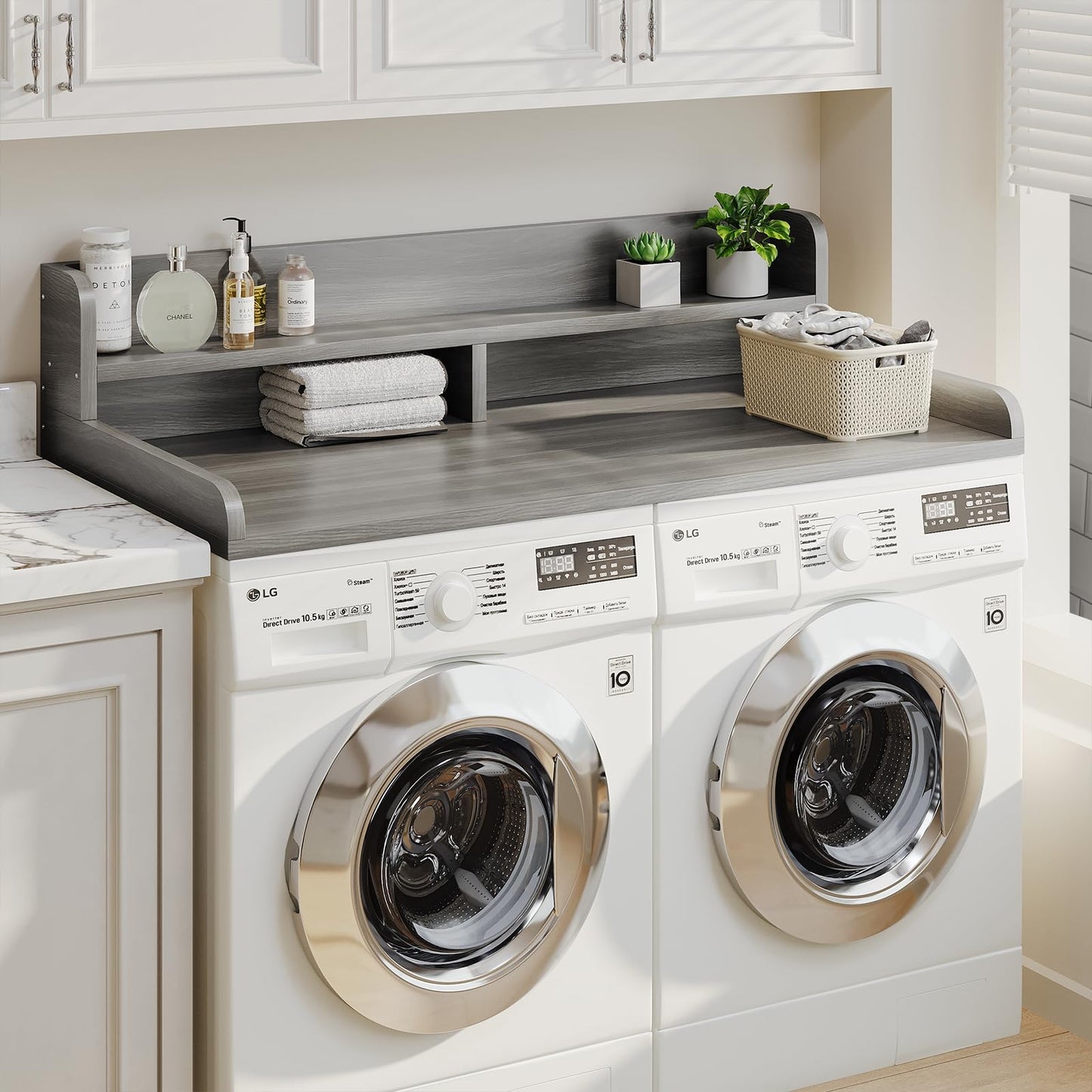 Corbyles 2-Tier Washer Dryer Countertop with 2.75"H Edge Rails, 54" W x 27.55" D Laundry Countertop for Folding Clothes, Washer and Dryer Topper with Non-Slip Pad (Stripe Gray)