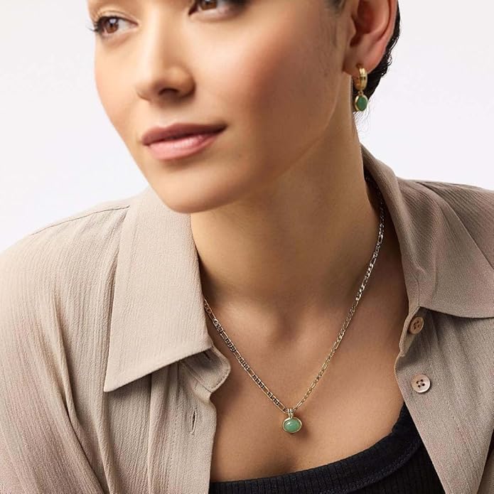 DISTANT DRUMS Simple Natural Green Aventurine Stone Jewelry Set for Women,Hoop Earrings,Bracelet,Necklace,18K Gold-plated Spiritual Gift,Fortunate Stone Jewelry,Choker