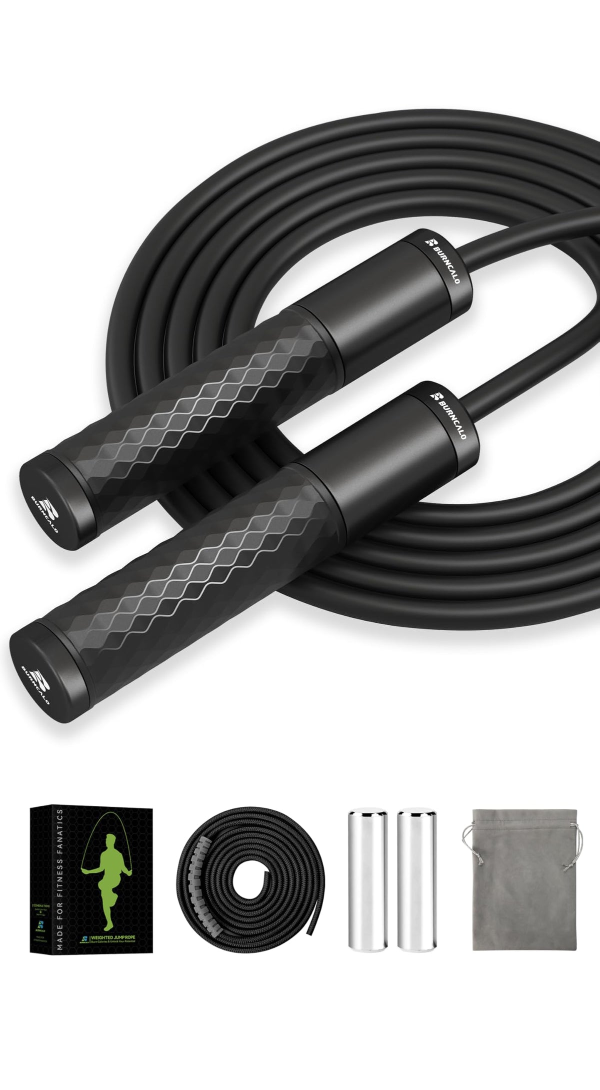 BURNCALO Weighted Jump Rope for Fitness, Skipping Rope for Men Women, Metal Heavy Handles, Ball bearings, Adjustable Length PVC Cord and Cotton Rope, Endurance Training Fitness Exercise Workout