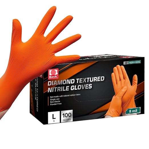 Jointown Basic Heavy Duty Nitrile Gloves, Mechanic Gloves 8 Mil Nitrile Disposable, with Raised Diamond Texture, Case of 100, Orange, Large