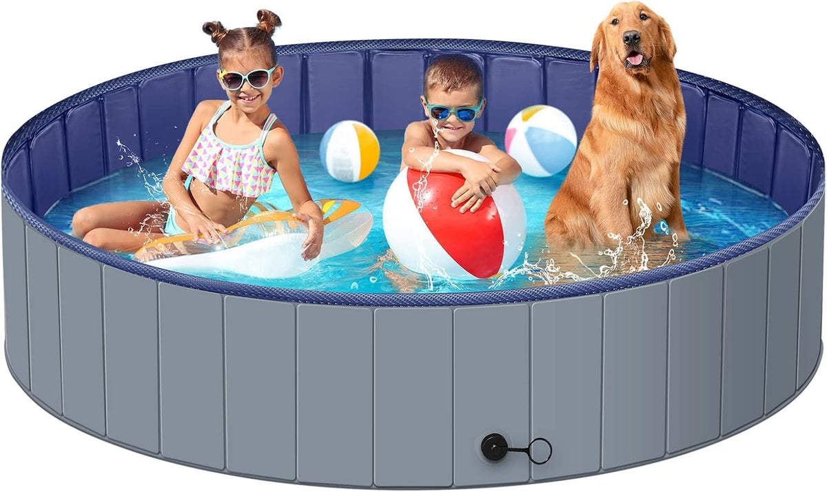 Dog Pool for Large Dogs, Kiddie Pool Hard Plastic, Dog Bathtub Portable, Foldable Pool for Dogs Slip-Resistant (Dark Gray, XL-64"x12")
