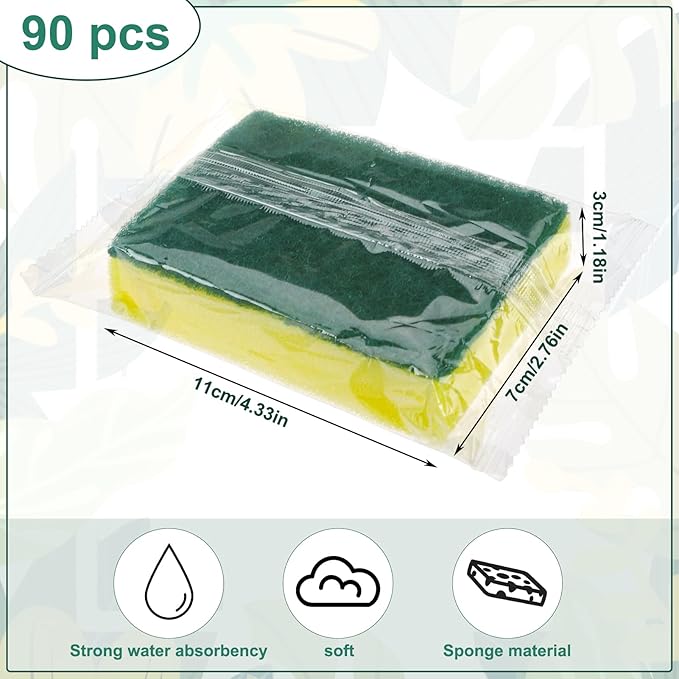 90 Pack Individually Wrapped Sponges Uncompressed Kitchen Dishwashing Non Scratch Scrouing Sponge Bulk for Hotel Car Airbnb Apartments,Green