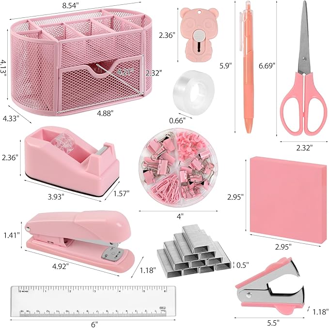 Office Supplies for Desk,14pcs Pink Desk Sets and Accessories, Office Supply Kit with Mesh Desktop Organizer and Stapler,Staple Remover, Staples,Tape Dispenser,Sticky Tabs,Scissors, Ruler