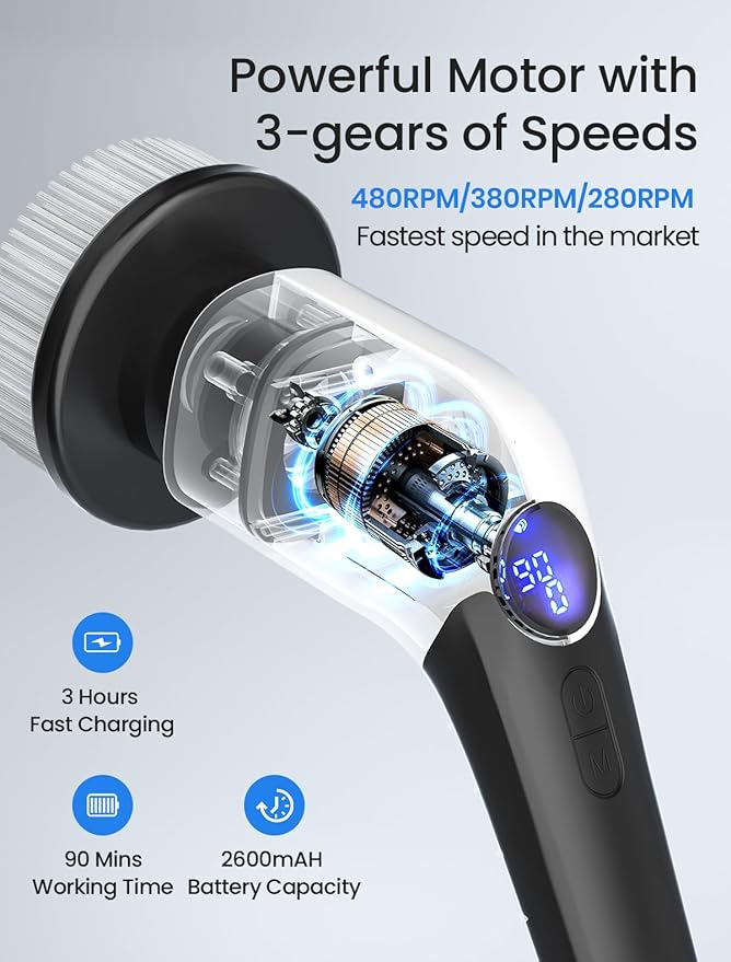 Electric Spin Scrubber, 2025 New Cordless Shower Cleaning Brush with 8 Replaceable Brush Heads, 3 Adjustable Speeds, and Adjustable Extension Handle for Bathroom Floor Tile
