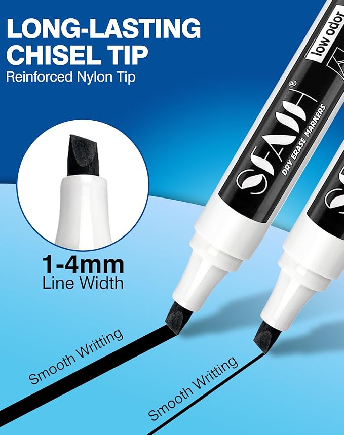 SFAIH Dry Erase Markers Chisel Tip with Magnetic Whiteboard Eraser, 48 Bulk Pack Black White Board Markers for Teachers & Students, Versatile Lines, 1s Quickly Dry, Perfect for Classroom and Office