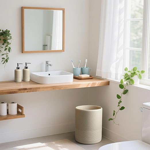 Modern Resin Trash Can Bin, Wastebasket for Bathroom, Kitchen, Office, Home, Beige