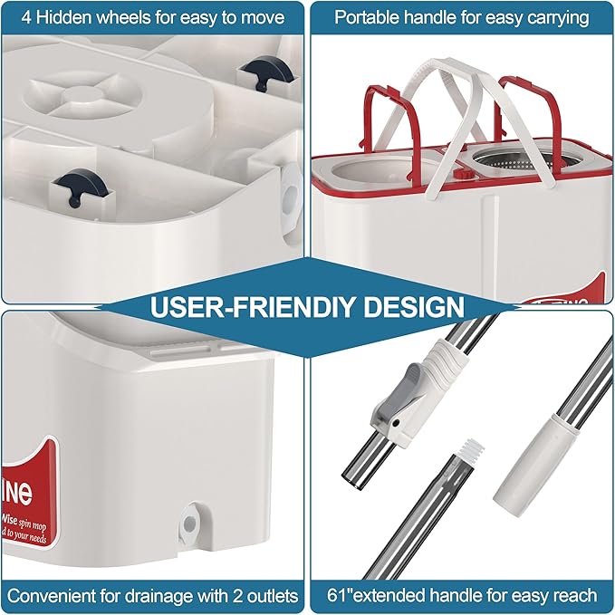 Spin Mop and Bucket,Mop Bucket with Separates Dirty and Clean Water,4-Chamber Mop and Bucket with Wringer Set for Home,Household Cleaning Tools with 6 Replacement Mop Heads,4X Wheel -White