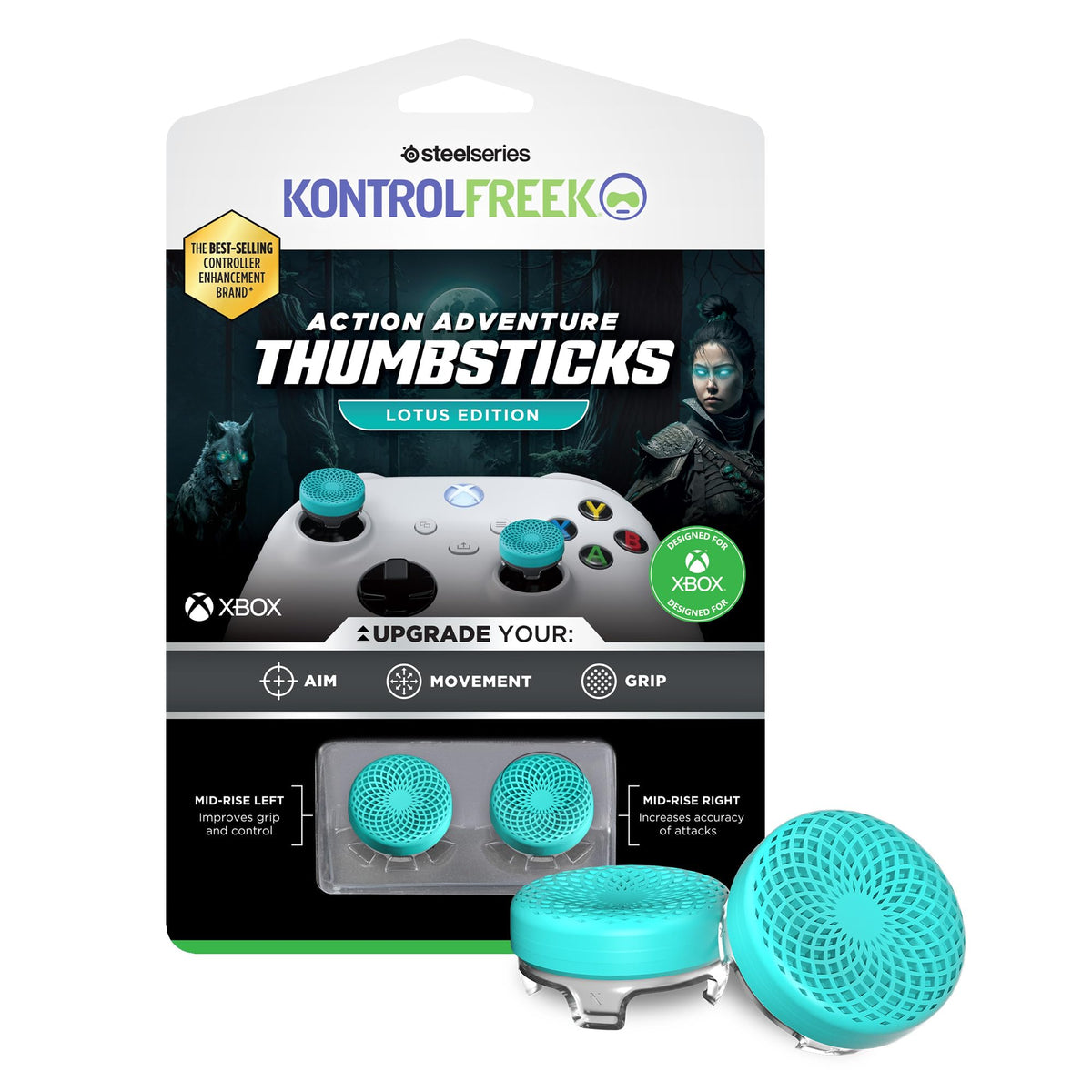 KontrolFreek Lotus for Xbox One and Xbox Series X Controller | Performance Thumbsticks | 2 Mid-Rise Concave | Teal/Clear