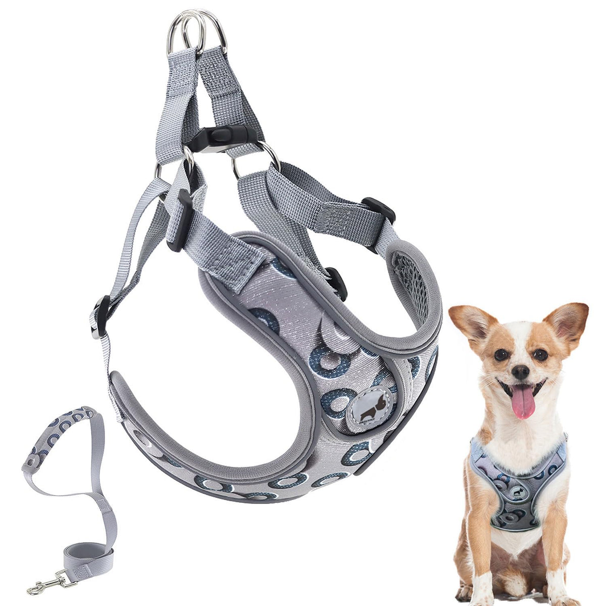 Dog Harness with Leash Set, Reflective Strips Step in with Breathable Padded Vest Harness for Small Dogs Running (S, Gray with Circle)