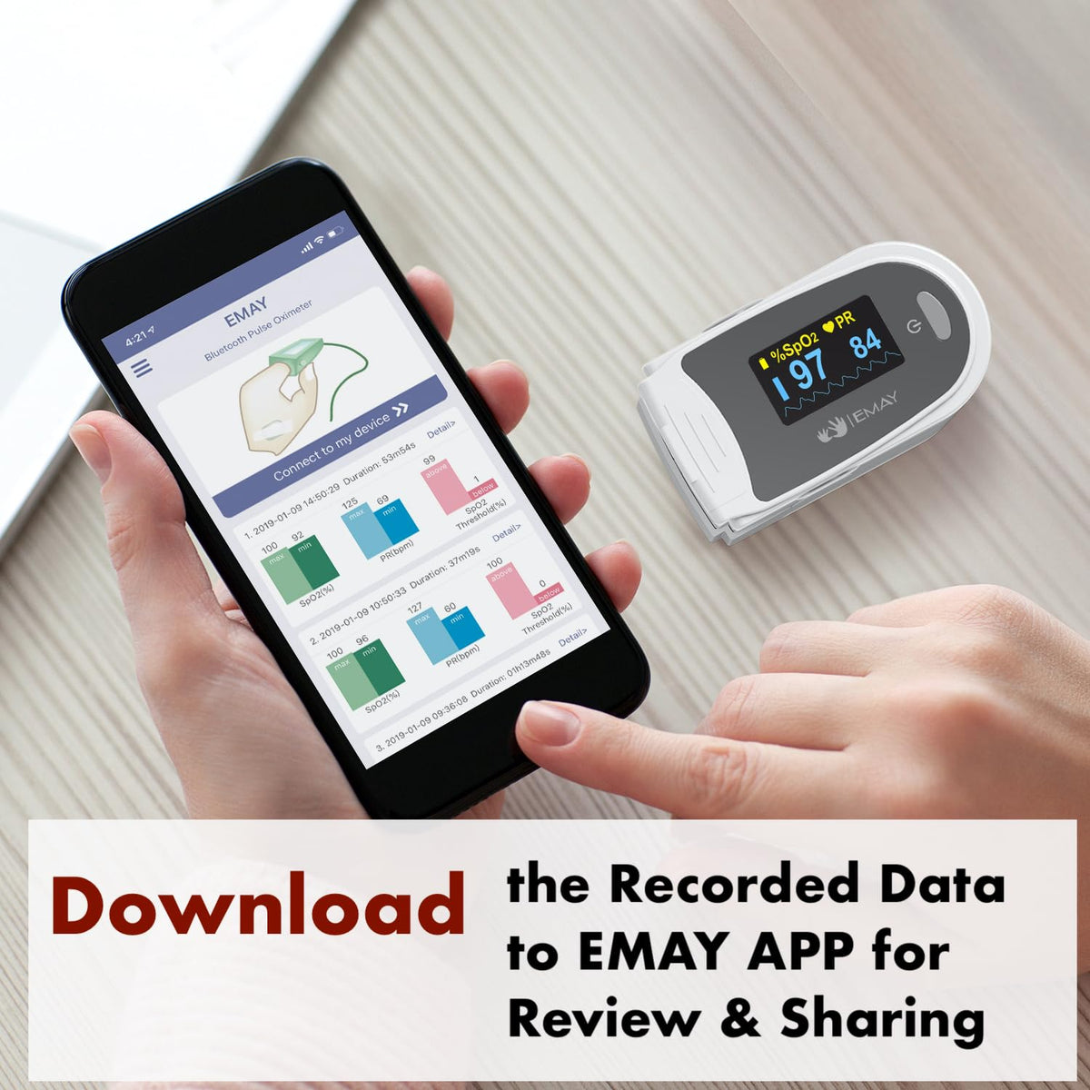 EMAY Sleep Oxygen Monitor with Built-in Recording Capability | Track Continuous Blood Oxygen Levels & Pulse Rate Overnight | Provides Sleep Report & Raw Data