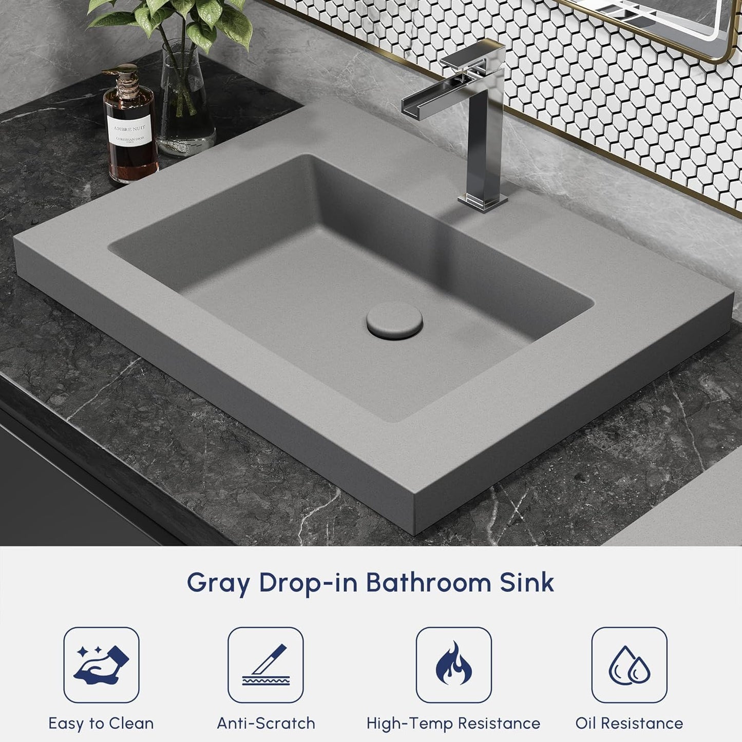 COGITIL Vessel Sink 23" Gray Concrete Drop in Bathroom Sink, Industrial Minimalist Design, Durable Cement Finish, Easy Above Mount Installation. Handcrafted Art Piece For Any Bathroom, Gray
