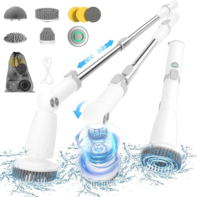 Marchpower Electric Spin Scrubber, Power Shower Scrubber Cordless Cleaning Brush 6 Replaceable Brush Heads, 2 Speeds, Adjustable Detachable Handle, IPX7 Waterproof Bathroom Scrubber Tub Tile Floor