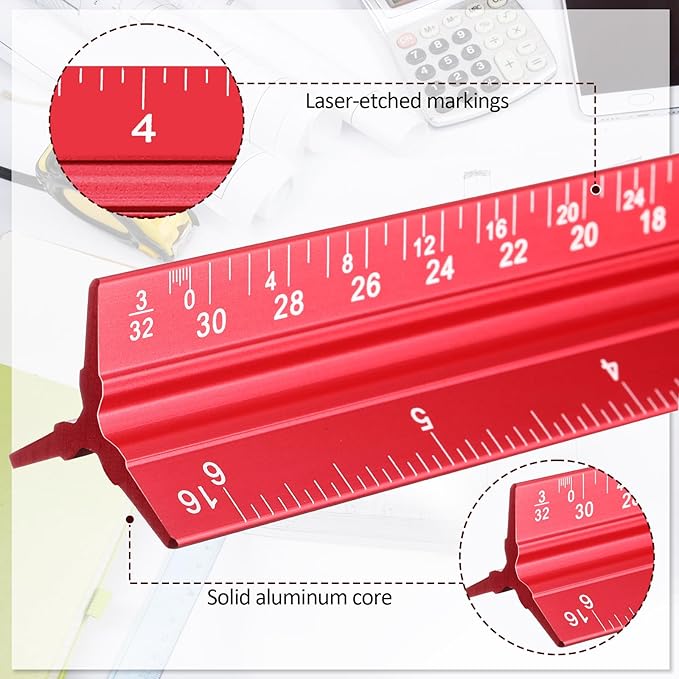 Fumete 12 Pack 6 Inch Architectural Engineering Scale Rulers Small Scale Ruler Pocket Size Scale Ruler Construction Rulers Imperial Measurements for Architects Engineering, Draftsman Drawing(Red)
